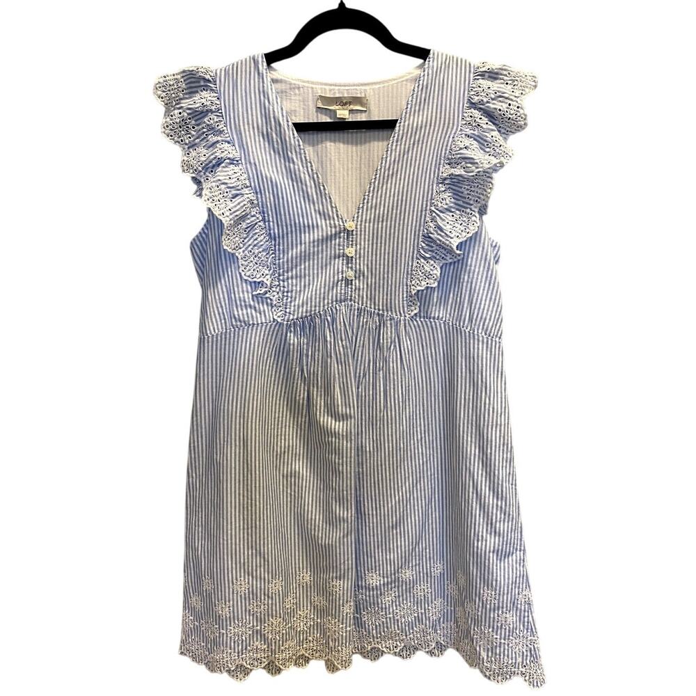 Loft Blue and White Sleeveless Seersucker Striped Eyelet Ruffle Sundress Size XS